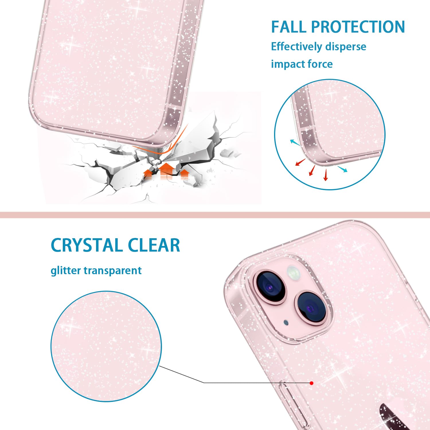 Cover Compatibile con iphone 15 Custodia Glitter, 2 Pezzi Pellicola Protettiva in Vetro Temperato & 2 Pezzi Pellicola Fotocamera, Brillantini Morbido TPU Protezione Trasparente Case