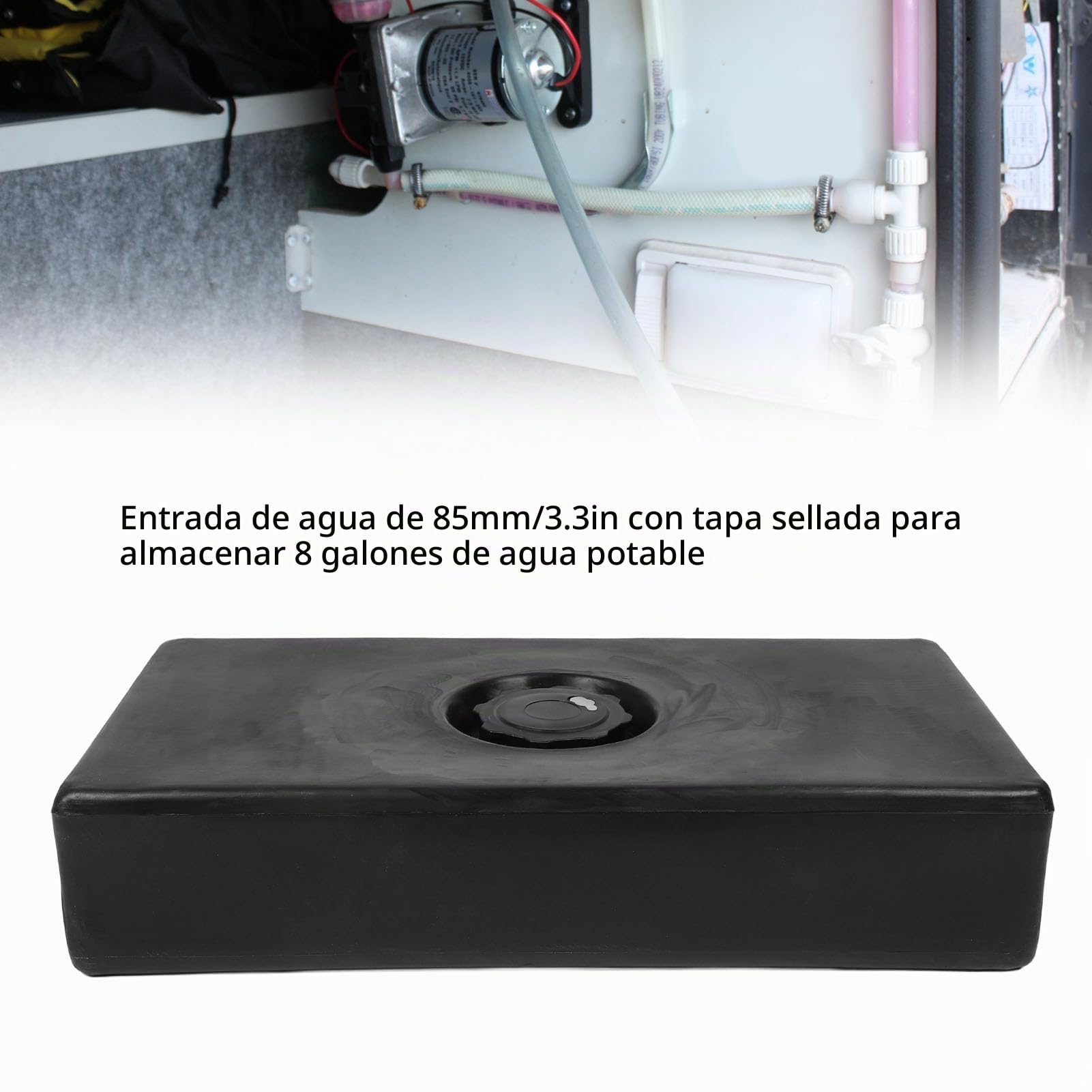 Tanque de agua para autocaravana, 26 x 13,4 x 5,5 pulgadas, tanque de agua para autocaravana, 8 galones, a prueba de fugas, resistente a los golpes, color negro para caravanas, remolques