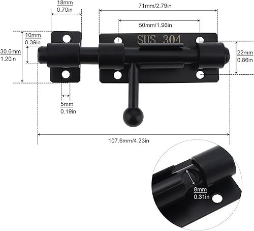 Miniatura 2 de Pestillo de puerta de perno deslizante, paquete de 2 cerrojos de acero inoxidable 304 de 4 pulgadas con orificio de candado de 0.315 pulgadas, perno