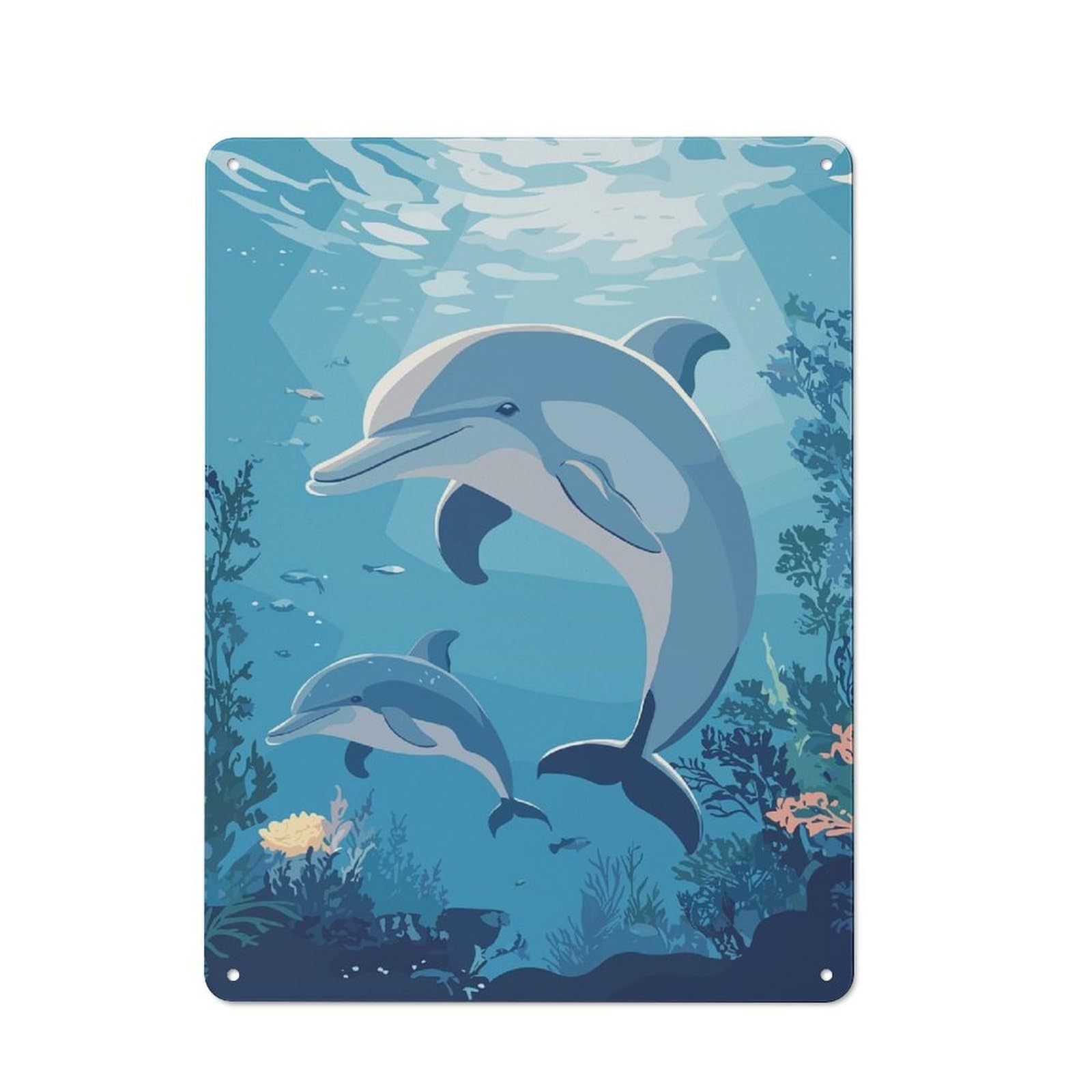 Junmoney Dolphins Underwater Metal Plaque 40X30cm With For Home Bar Wall, Retro Decor, For Garage, Workshop And Man Cave Decoration