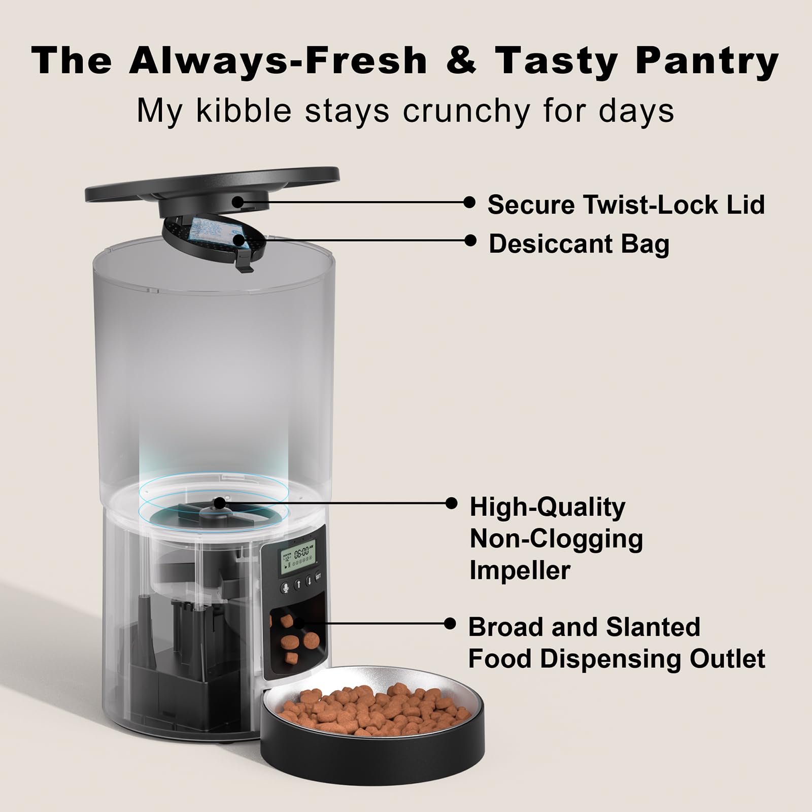 Automatic Cat Feeder 4.2L,6 Meals/Day,Dual Power Portion Control Feeder,Dry Pet Food Auto Dispenser,Timer Setting,10S Voice Record (Transparent Black, Stainless Steel Bowl) - image 8