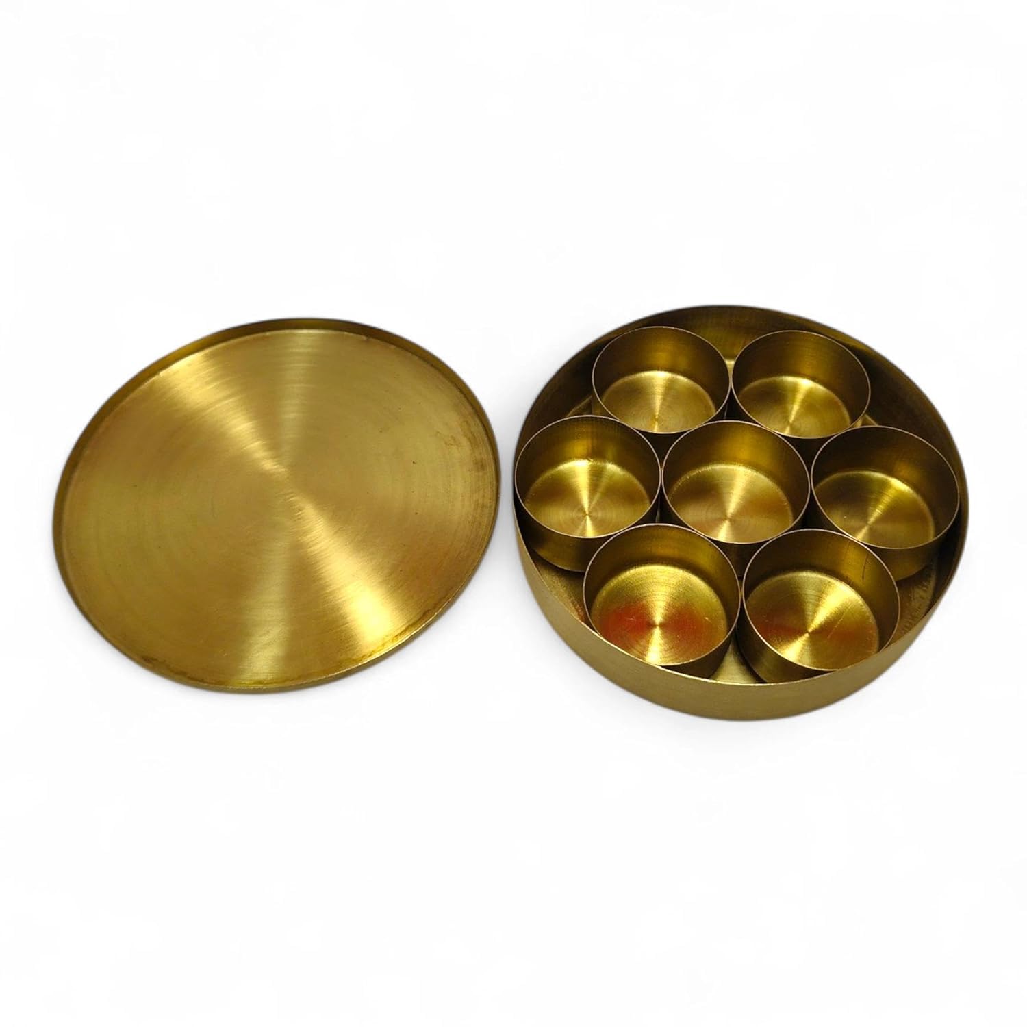 assortify Brass Pooja Box | 7 Dibbi Set for Roli, Chawal, Haldi, Kumkum, Sindoor, Chandan, Turmeric | Traditional Brass Pooja Dani with Lid Holder for Festivals, Vrat & Daily Puja modified this title 2