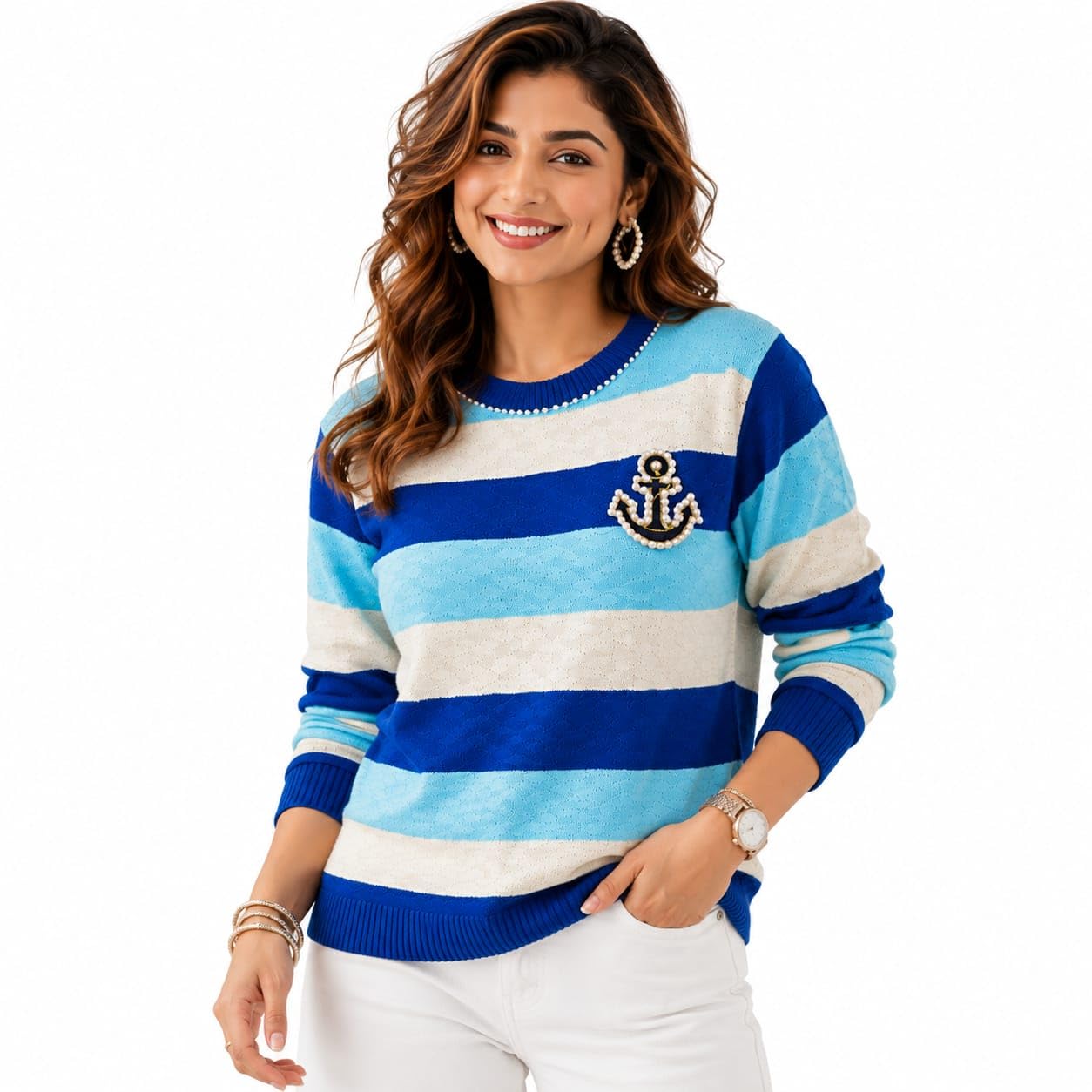women's striped knitted sweater with pearl anchor patch | full sleeve round neck pullover | winter & semi-winter wear