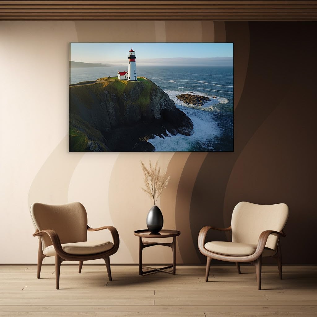 Canvas for Living room. Lighthouse Vigil on the Cliffs - Where Sea Meets Sky, 27 x 18 inch Canvas Wall Art - Clouds - Modern Home Decor - 69x46 cm (27x18 inch)