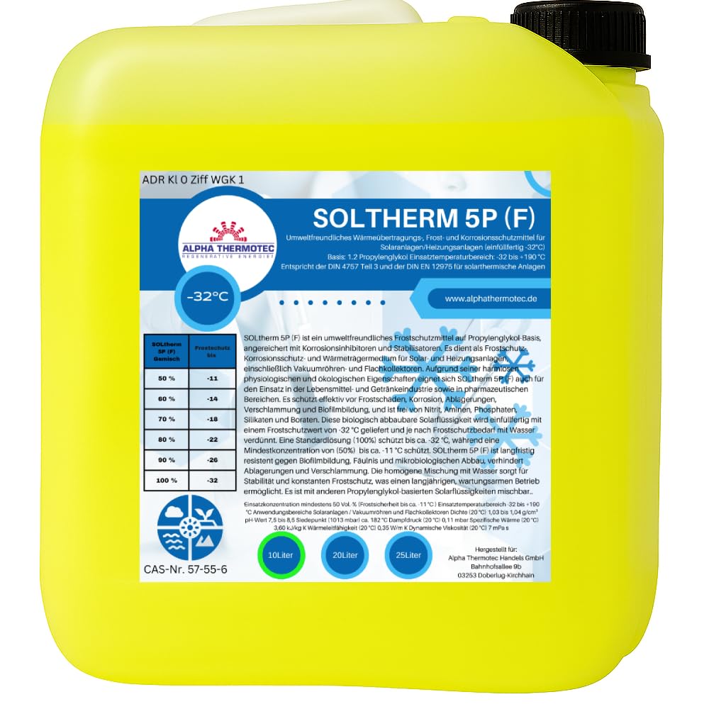 Solarflüssigkeit 10L Gelb fertiggemischt | Wärmeträger für Solaranlagen | Propylenglykol mit Korrosionsschutz | Frostschutz -32°C