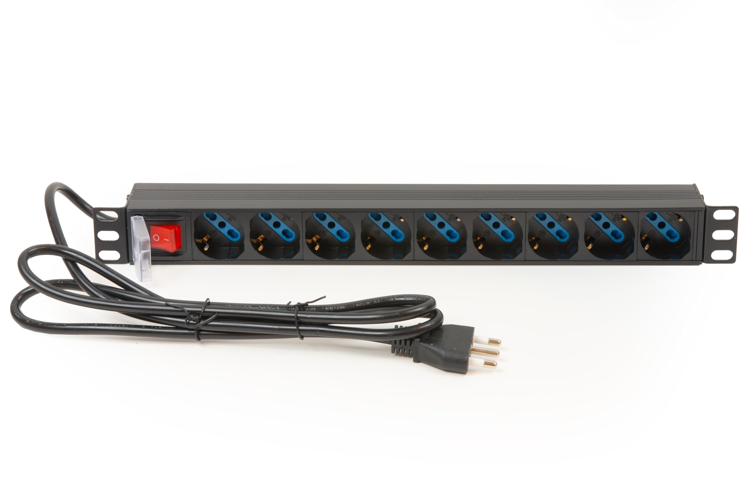 Link multipresa da rack 19" LK10053 con 9 prese universali con interruttore, spina ita. 16A sez. cavo 1,5mm lunghezza 1,75m metallo capacità 3,5KW dimensioni 48,5x4,5x4,5. Alette reversibili.