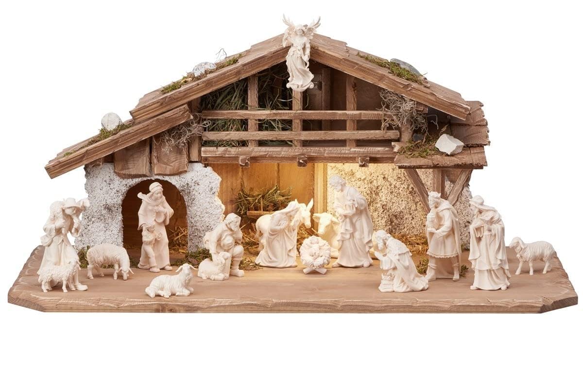 OVUNQUE PROTEGGIMI Set Presepe completo in legno con capanna alpina e luce composto da 17 pezzi, creato interamente a mano in Val Gardena -versione statuine color naturale (Altezza Giuseppe 9.5 cm)