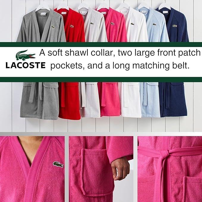 Lacoste Classic Pique Bath Robe, 100% Soft Cotton Terry, Unisex Adult Bathrobe, Absorbent & Quick Drying, One Size Fits Most - Image 5