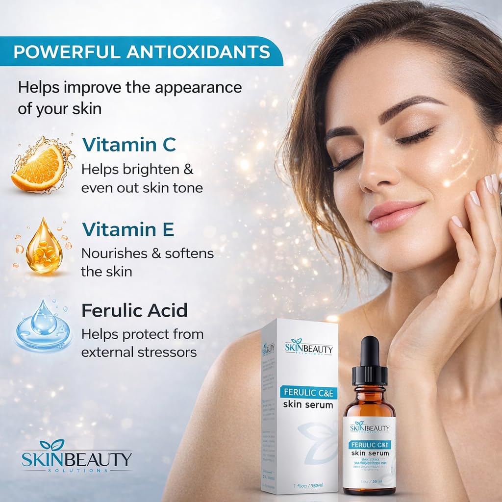 Soluciones de belleza para la piel, ácido ferulico CE con vitamina C + E, suero para la piel (30 ml), arrugas, antienvejecimiento, piel dañada por el sol y más (combinación de ferulina C + E, tratamiento antioxidante