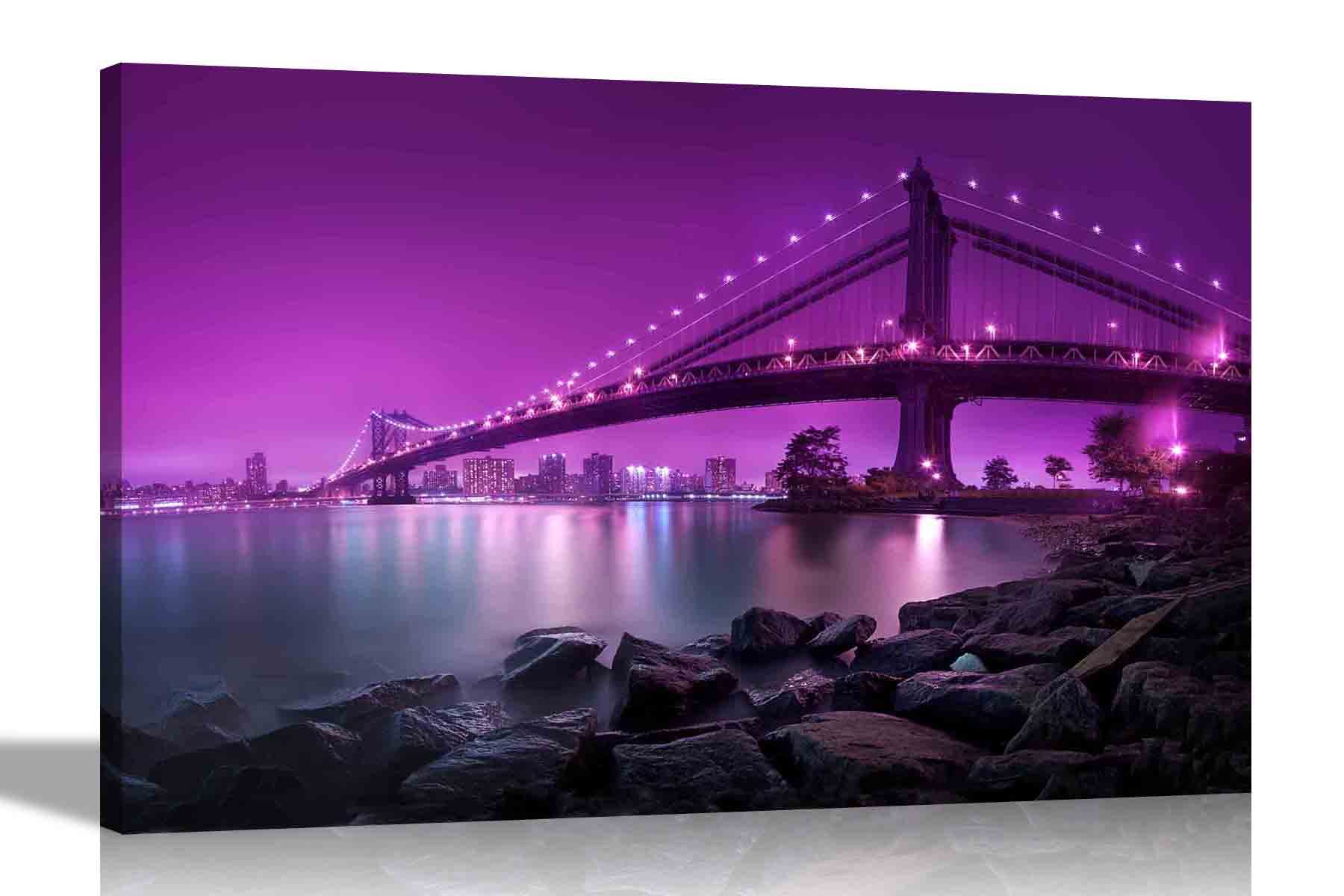 Artley Prints Multicoloured Purple Sky Manhattan Bridge New York Canvas Art Pictures Framed Hanging Stretched Bedroom Modern City Artwork For Living Room Large 76 X 50Cm (30 X 20 Inches)