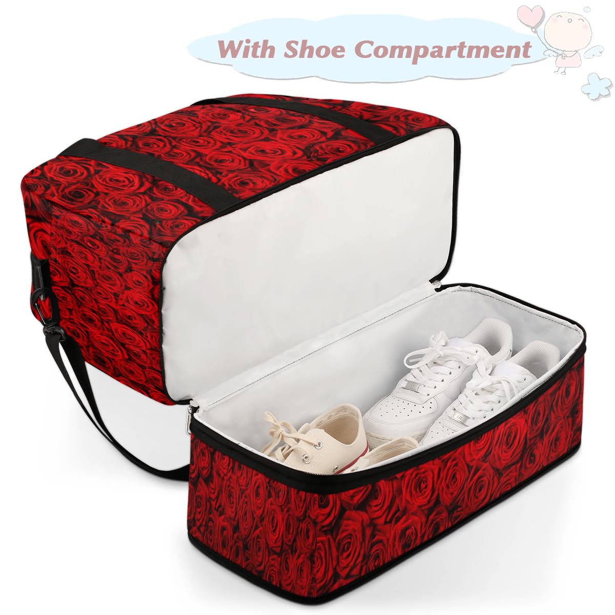 Bolsa de viaje plegable con diseño de rosas rojas de 47 l, bolsa de fin de semana con funda para carrito de transporte, bolsa de hombro separada para deportes, gimnasio, viajes, multicolor, 47L, Bolsa