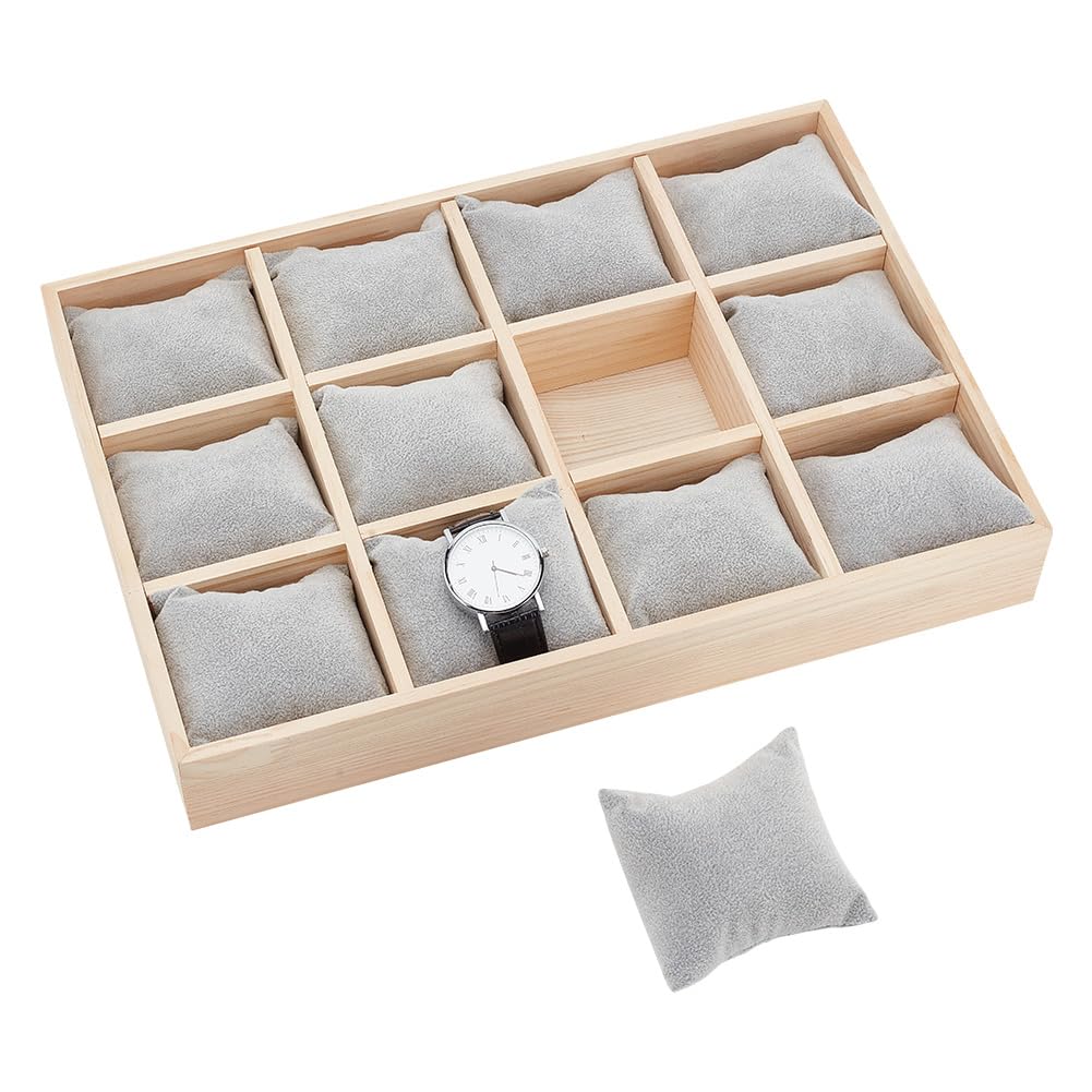 PH PandaHall Vassoio Porta Orologi In Legno con 12 slot per Espositore per Orologi con Cuscini Rimovibili In Velluto, Vassoio Porta Bracciale per Vetrina Espositiva per Orologi Da Cassetto, Grigio
