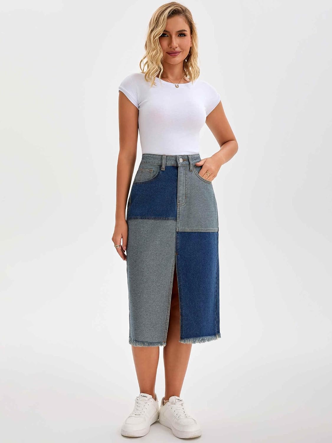 Women's Denim Skirt Patchwork Color Block Raw Hem High Waisted Midi Jean Skirts with Slit - Image 3