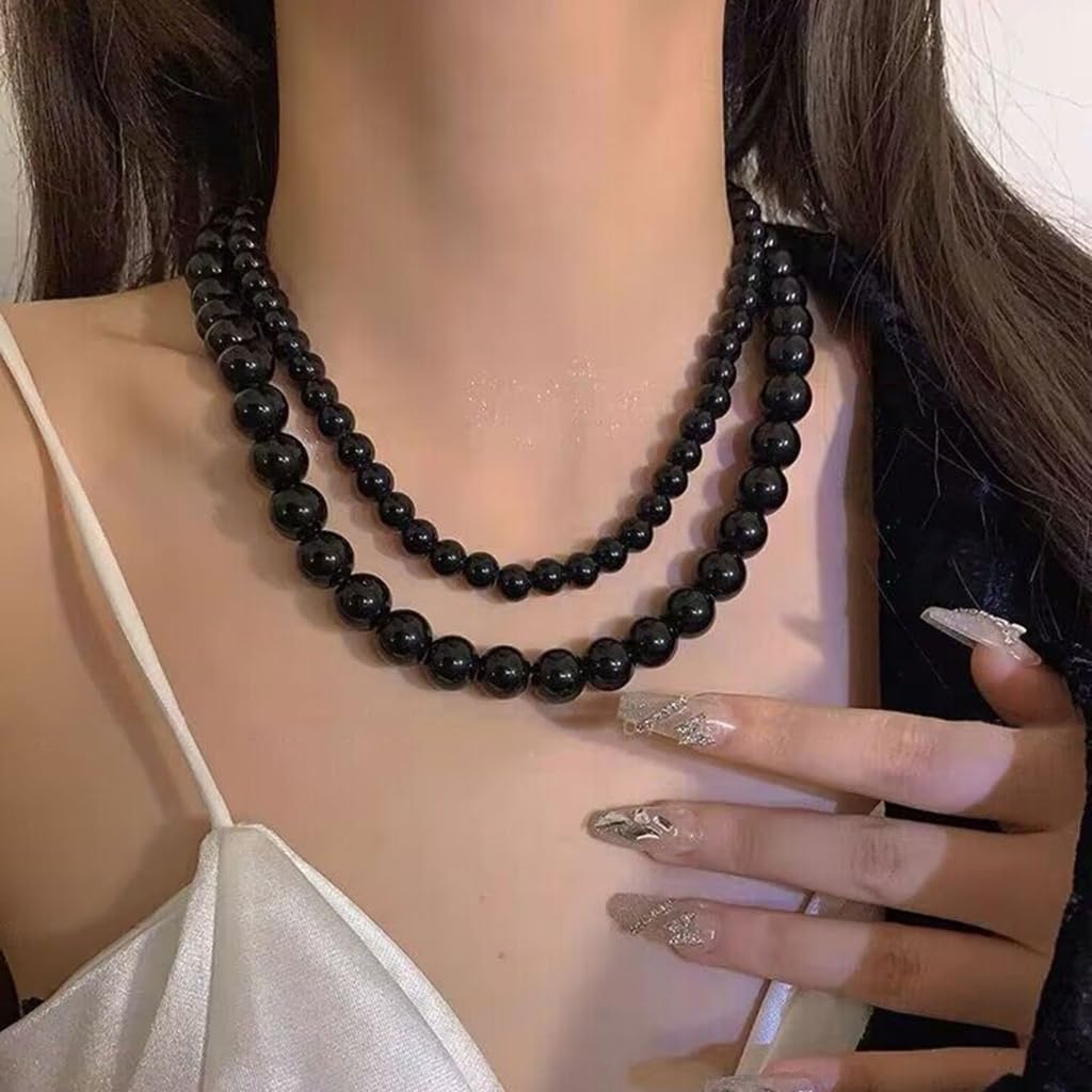 Round Imitation Pearl Necklace Strands Necklace Black Pearls Necklace Party Round Imitation Pearl Choker Clavicle Chain