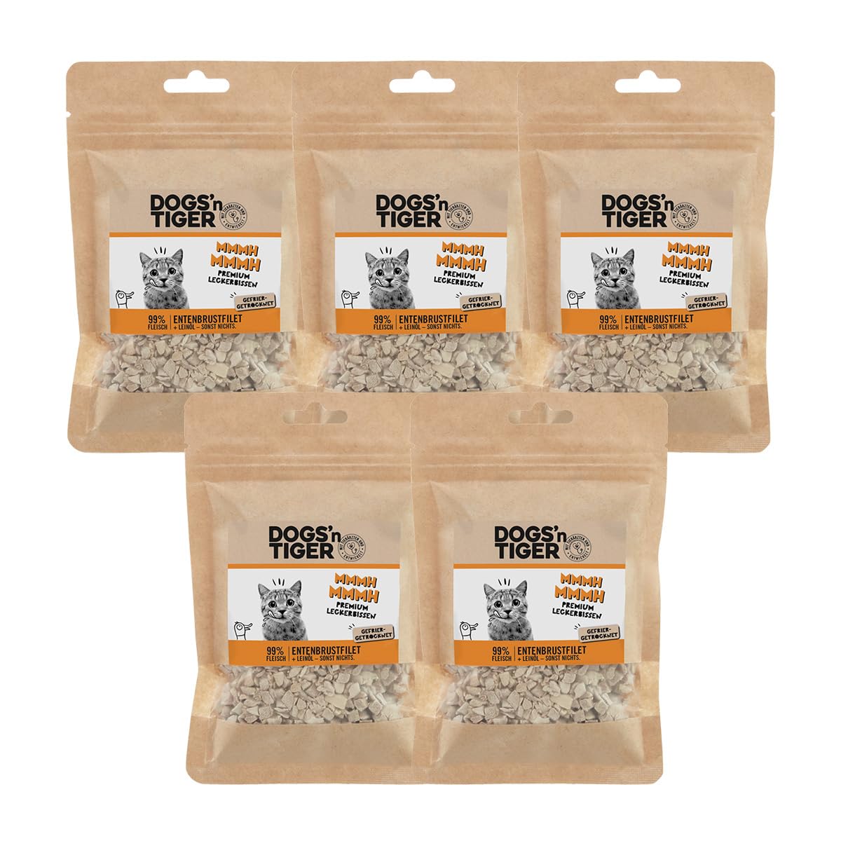 Dogs'n Tiger Adult Katzen Snacks Mmmh mmmh Ente, 99% gefriergetrocknetes Filet in zerhackten Würfeln– ohne Zucker, Getreide & künstliche Aromen, 5X 30g
