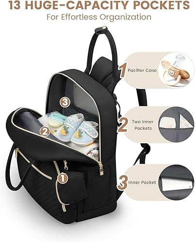 Miniatura 5 de Mochila para pañales, bolsa de pañales esenciales para bebé con funda para chupete, elegante mochila de viaje para bebé niñaniño, Negro -, Classic