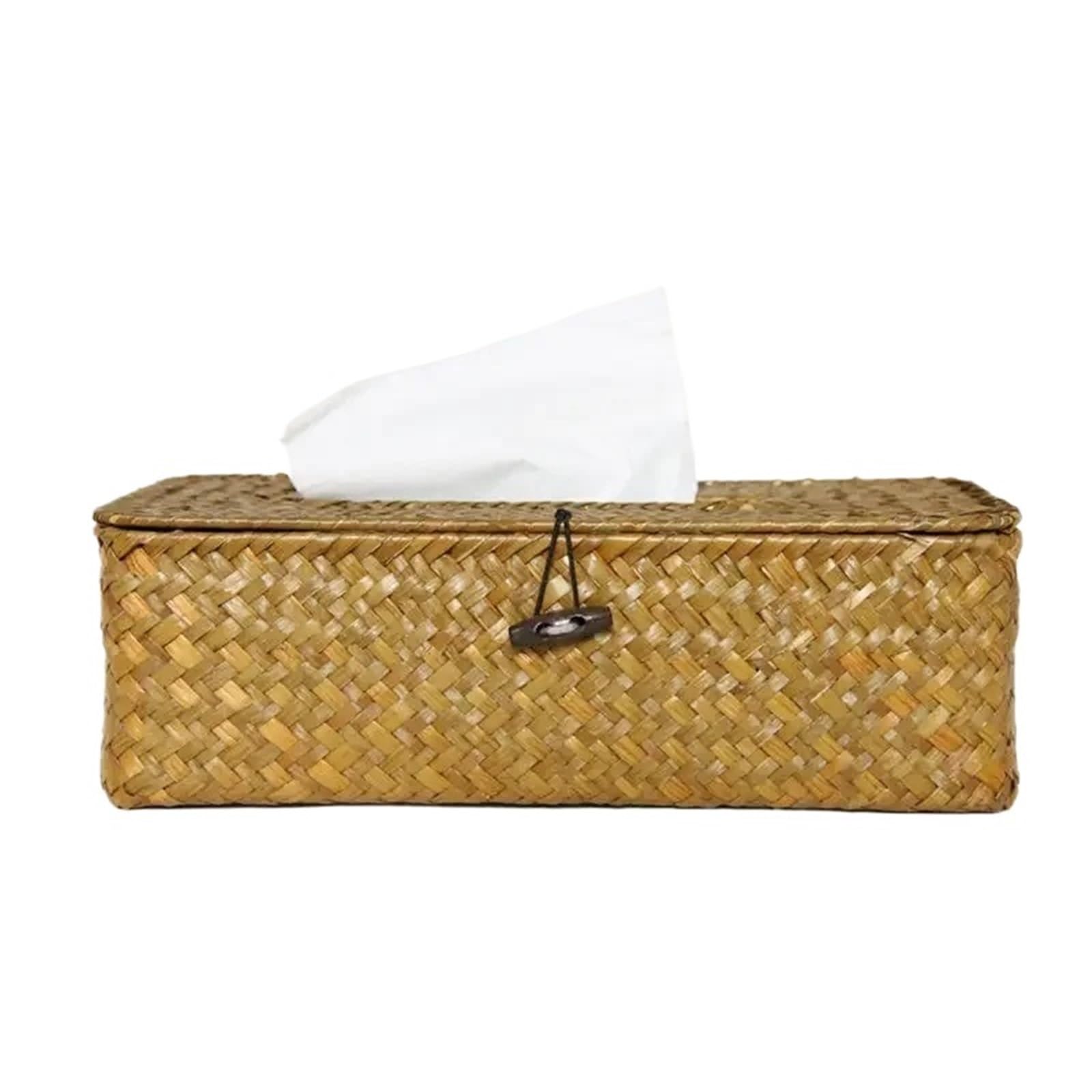 Rattan Tissue Box Cover Rectangular Napkin Case Woven Paper Container Home Car Napkins Holder Organizer For Living Room,Dining Table(Yellow)