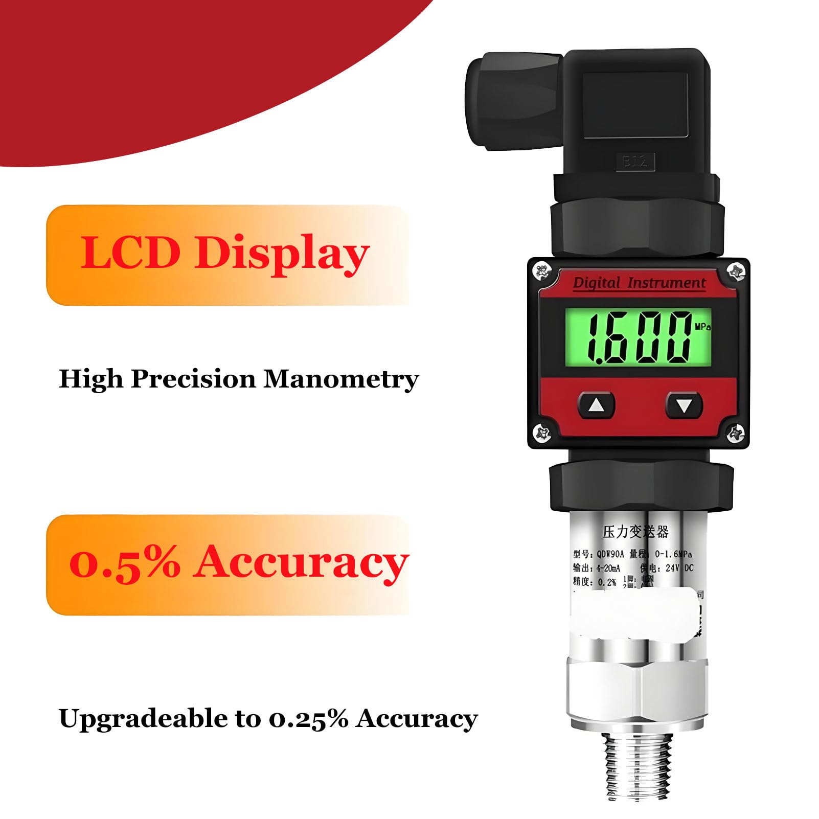 Trasmettitori di pressione idraulica con display digitale a LED 4-20 mA RS485 Sensore di livello del gas combustibile per acqua Misuratore di vuoto assoluto, intervallo -100 KPa-60 MPa 0-100KPa