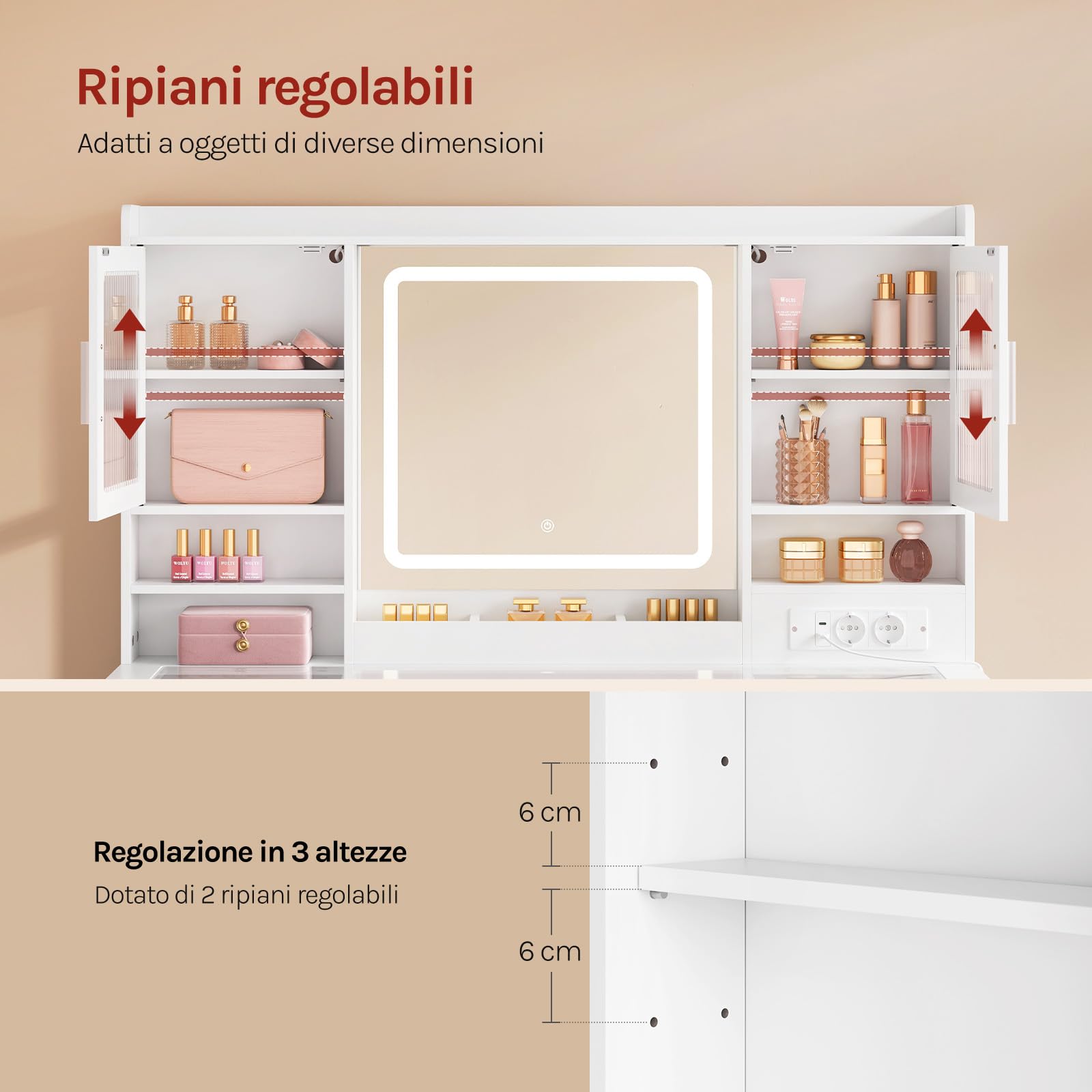 WOLTU Toeletta con Specchio e LED Regolabili, 2 Armadietti con Ante e Luci RGB, 9 Cassetti e Multipresa, Piano in Vetro Temperato, Postazione Trucco, per Camera da Letto, Cabina Armadio, Bianco
