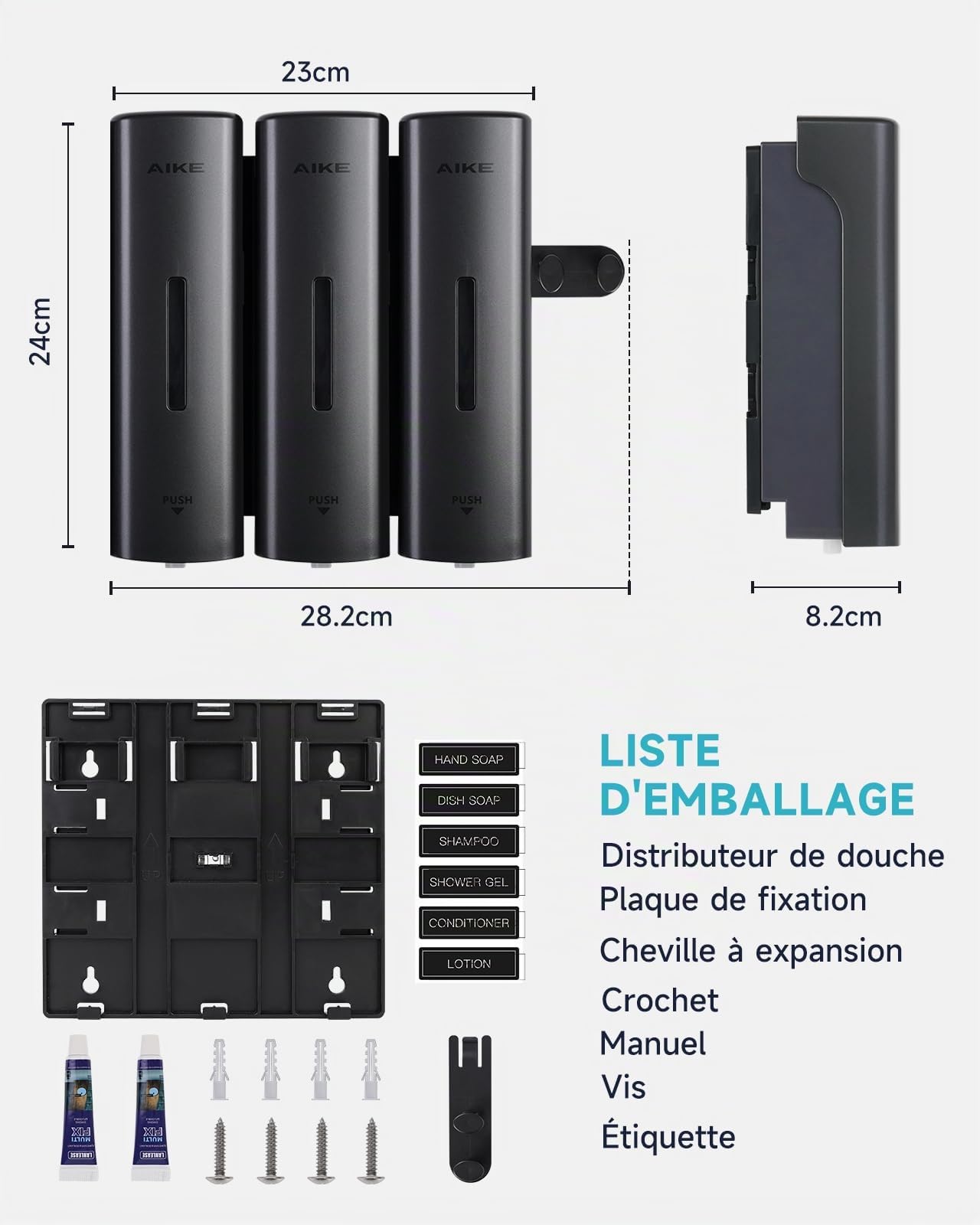 AIKE EasyPush Distributeur De Douche, Fixation Murale sans Perçage pour Shampoing & Après-shampoing, Économise Espace, Triple