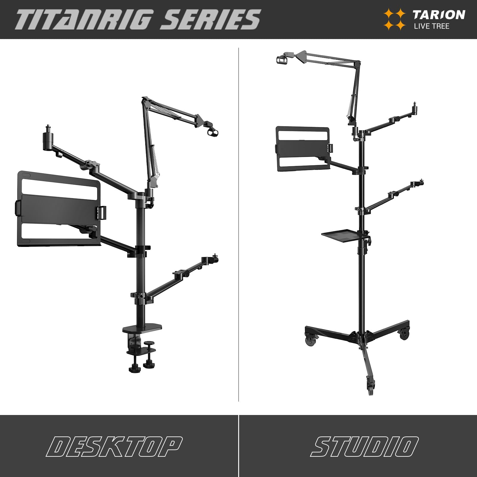 TARION Supporto Fotocamera da Tavolo con Braccio: Supporto DSLR Morsetto Flessibile da Tavolo con Bracci Snodato per Anello Luminoso Microfono Fotografia Video Streaming Titanrig Desktop