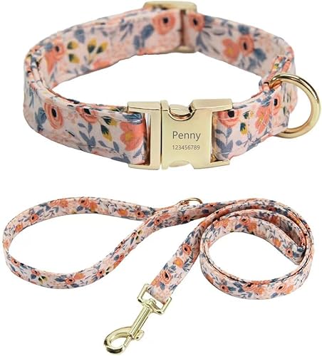 Miniatura 8 de Juego personalizado de collar y correa para perro con nombre y placa de número de teléfono, collar de perro con margarita personalizado para perros