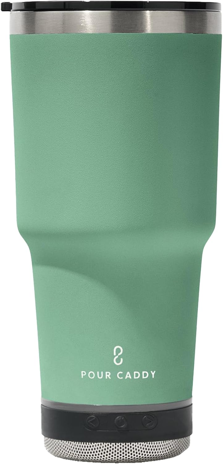 Go Caddy 28 oz Tumbler with Bluetooth Speaker, Insulated Stainless Steel Travel Cup with Lid, Hot & Cold Drink Beverage Container, Removable Speaker with Microphone, Rubber Base, Seafoam