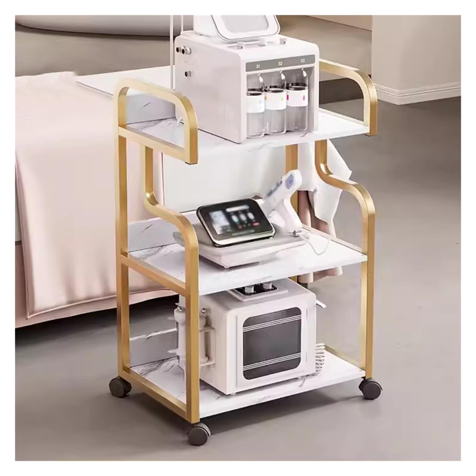 WIGSELBL Beauty Salon Trolley Cart Rolling Stand Mobile Cart with Wheel,Esthetician Cart Storage Trolley for Massage Facials Tattoo,Utility Salon Rolling Trolley(Gold)