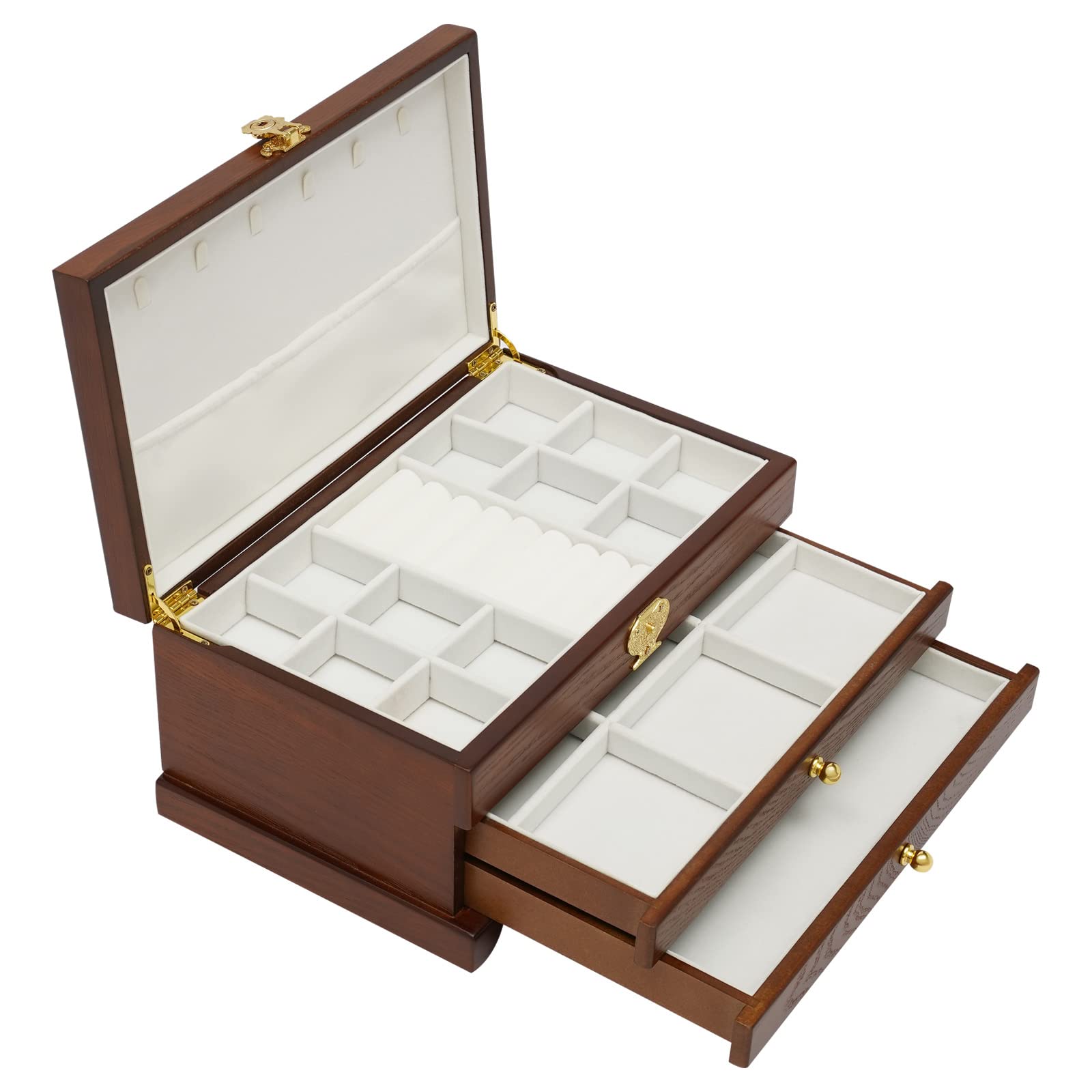 WooDerson Schmuckschatulle Mit 2 Schubladen, Rechteckig, Aus Density Board, Futter Material Plüsch, Schmuckbox Für Ringe Armbänder Ohrringe, Ausziehbare Schublade (Dunkelbraun)