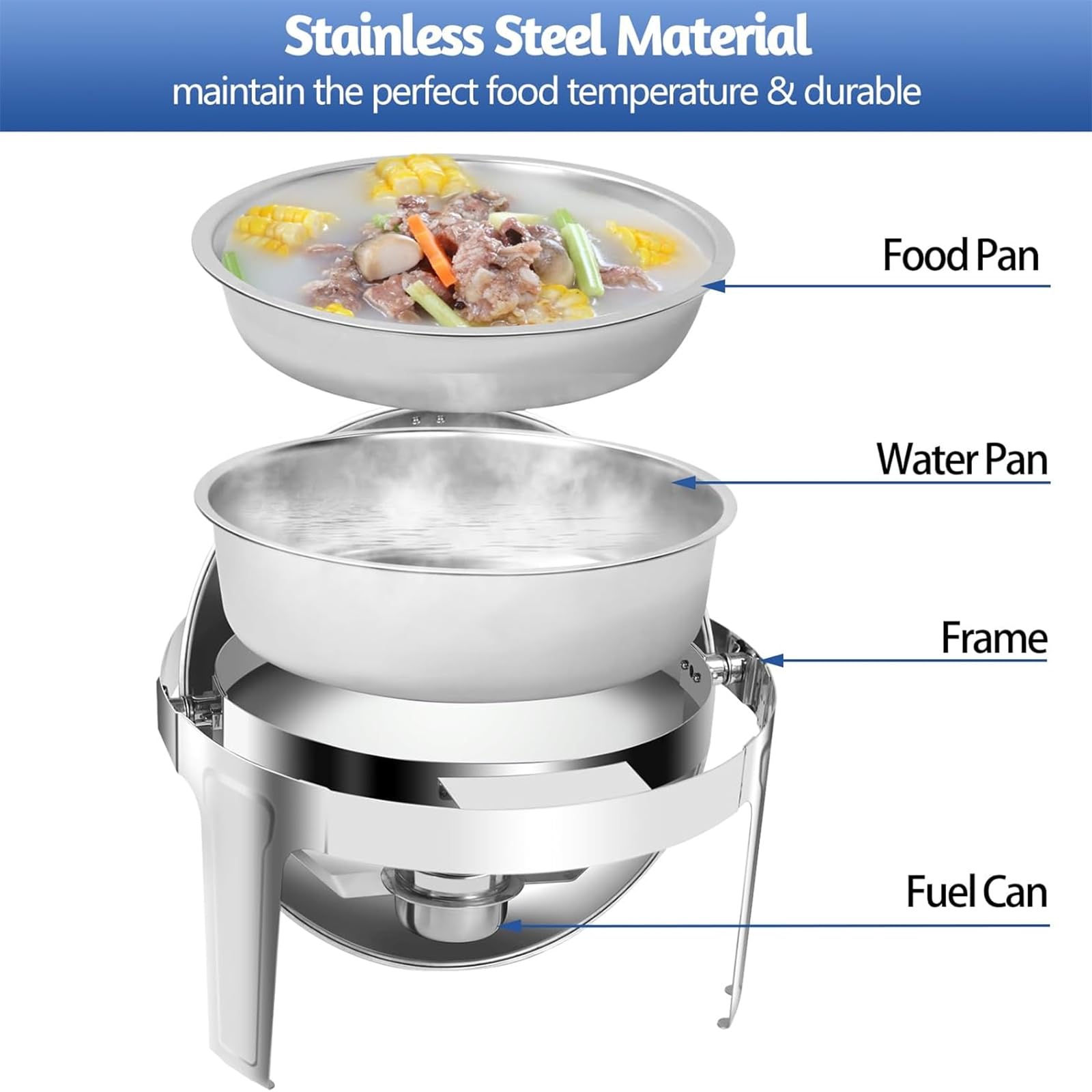 Buffet de plato de frotamiento, calentador eléctrico de alimentos de 6 litros con tapa visible y soportes de combustible, juego de sartenes de acero inoxidable para catering, fiestas, banquetes