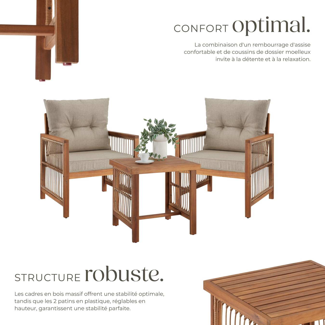 tectake® Ensemble 2 Fauteuil de Jardin & Table Basse Salon de Jardin Exterieur Coussins épais Inclus Cadre en Bois Massif d'acacia & Acier laqué époxy Mobilier Chaises Balcon Terrasse Veranda Maison