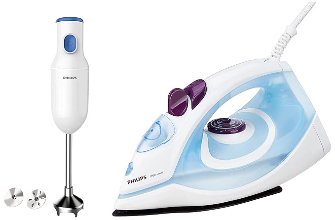 Philips GC1905 1440-Watt Steam Iron with Spray (Blue) & Daily Collection HL1655/00 250-Watt Hand Blender (White) Combo