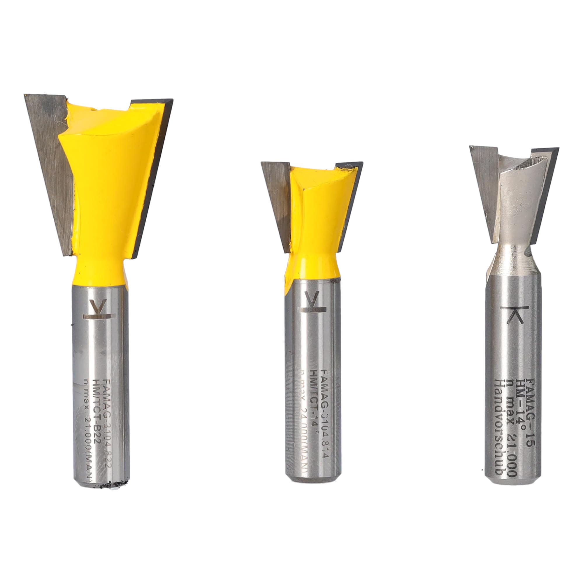 FAMAG Set di frese per denti | 3 pezzi: 12,7 x 12,7 mm, 14,3 x 12,7 mm e 22 x 22 mm, per scanalature di collegamento e scanalature, 2 tagli HM con angolo di 14° | scatola di plastica | 3104.903