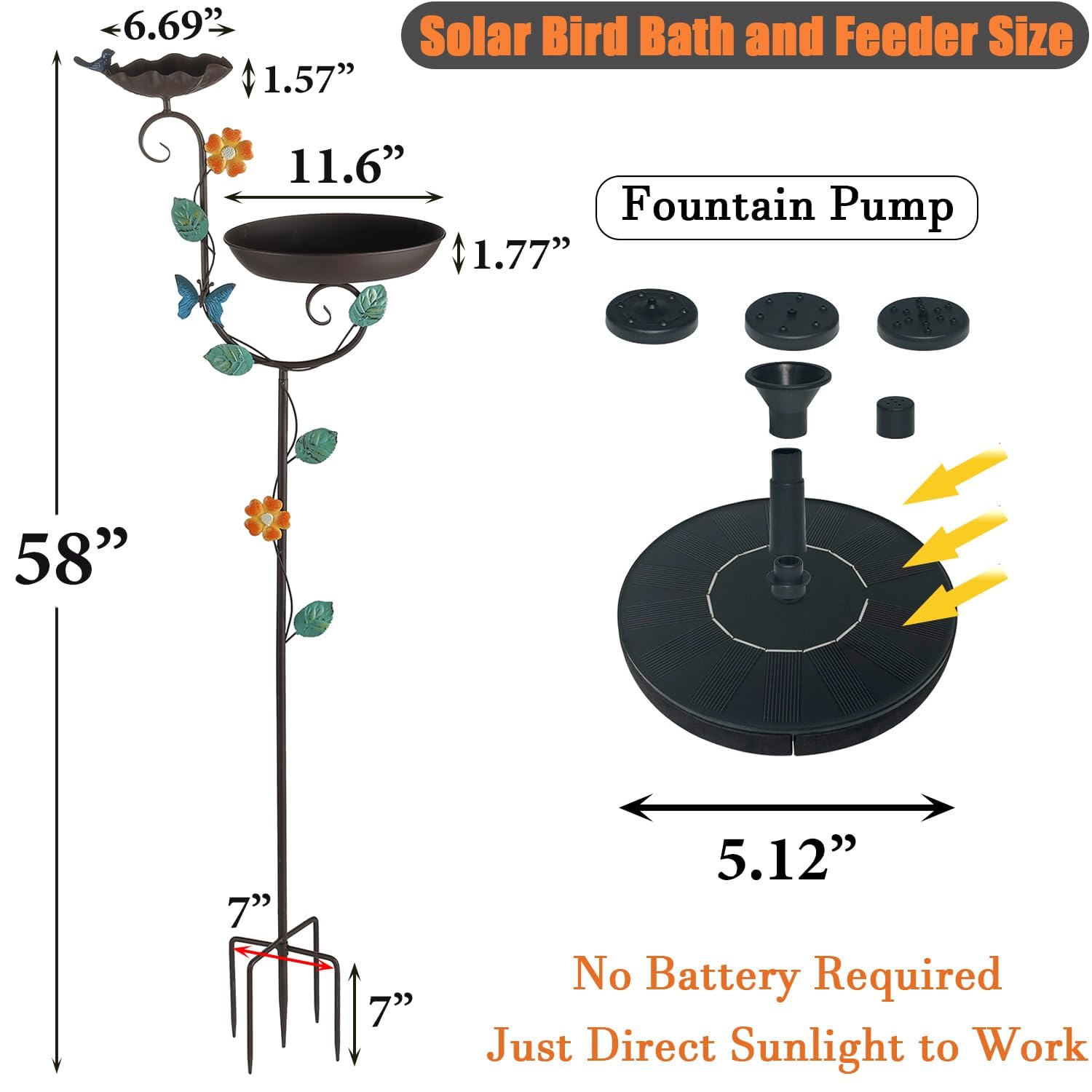 Freistehende Solar-Vogeltränke, 147,3 cm hoch, dekorative Vogeltränke und Futterstation, Vogeltränke für den Außenbereich mit Solarbrunnen, 5 Spikes, floraler Akzent, Vogeltränke für Garten,