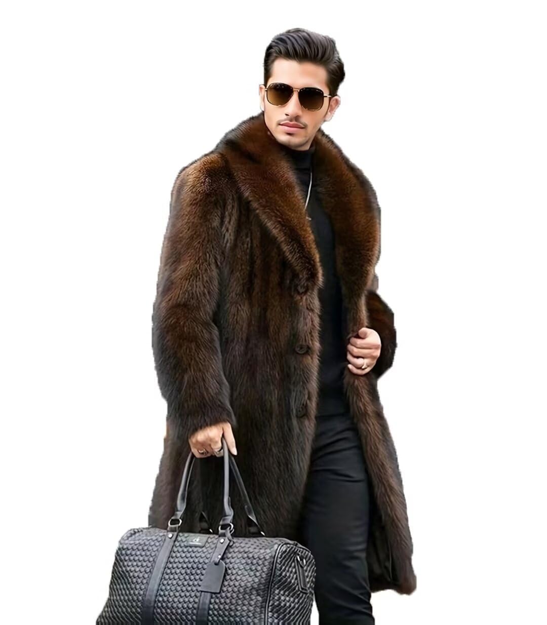INVACHIMen's Faux Fur Coat Winter Long Faux Mink Coat Fluffy Thick Trench Coat for Men