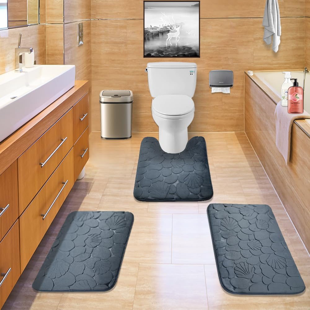 Blue Grey Memory Foam Bathroom Rugs Sets 3 Piece with Rubber Backed Non Slip Washable Bath Mat Set Include Toilet Rugs U Shaped and 2 Bathroom Floor Mat