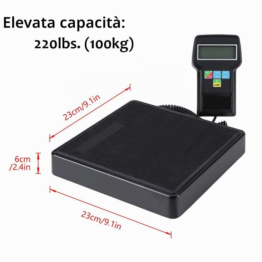 Bilancia Elettronica per Refrigerante 220lb/100kg con Display LCD, Funzione di Ricarica Digitale e Scatola Portatile – Ideale per Sistemi A/C