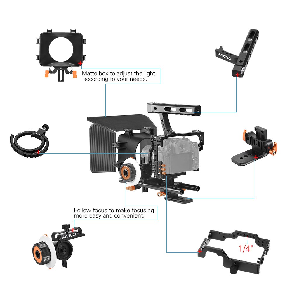Andoer C500 Camera Rig Aluminiumlegierung Kit mit Kamera Cage, Matte Box+ folgt, Follow Focus+ Handgriff + 15mm Rod, Kamerarecorder Videokäfig Rig Installationssatz Film für Panasonic GH4