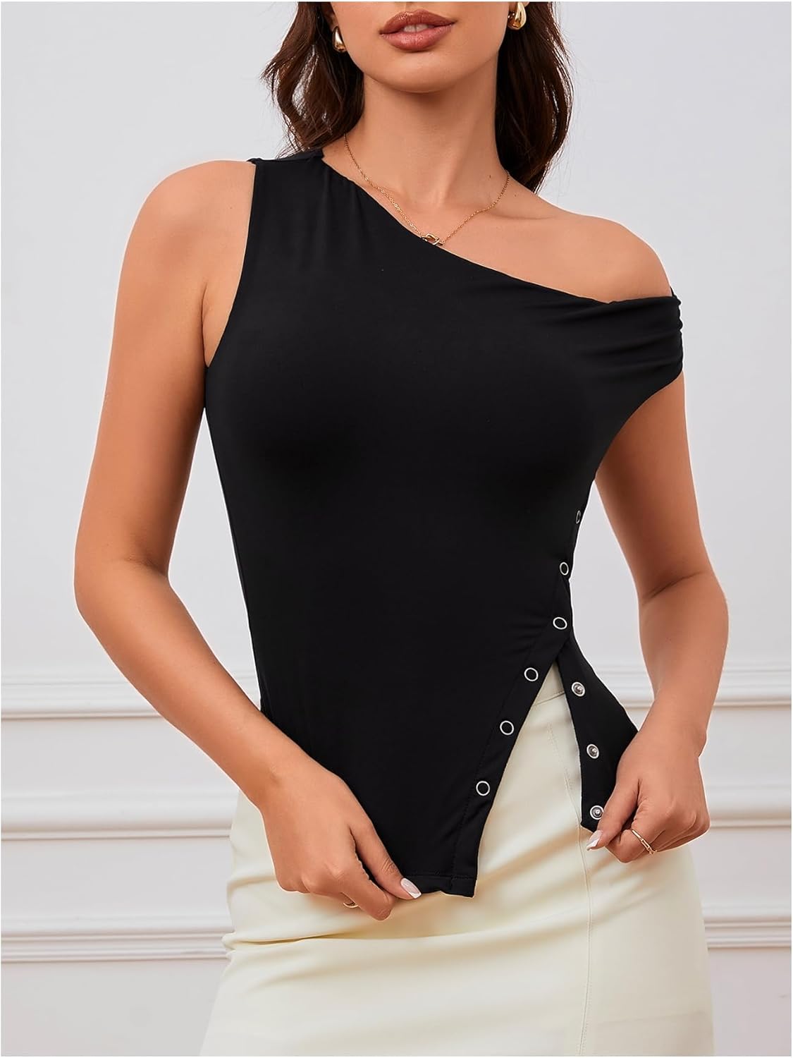 Milumia Women's Off One Shoulder Tank Top Asymmetrical Button Hem Going Out Tee Shirts - Image 3