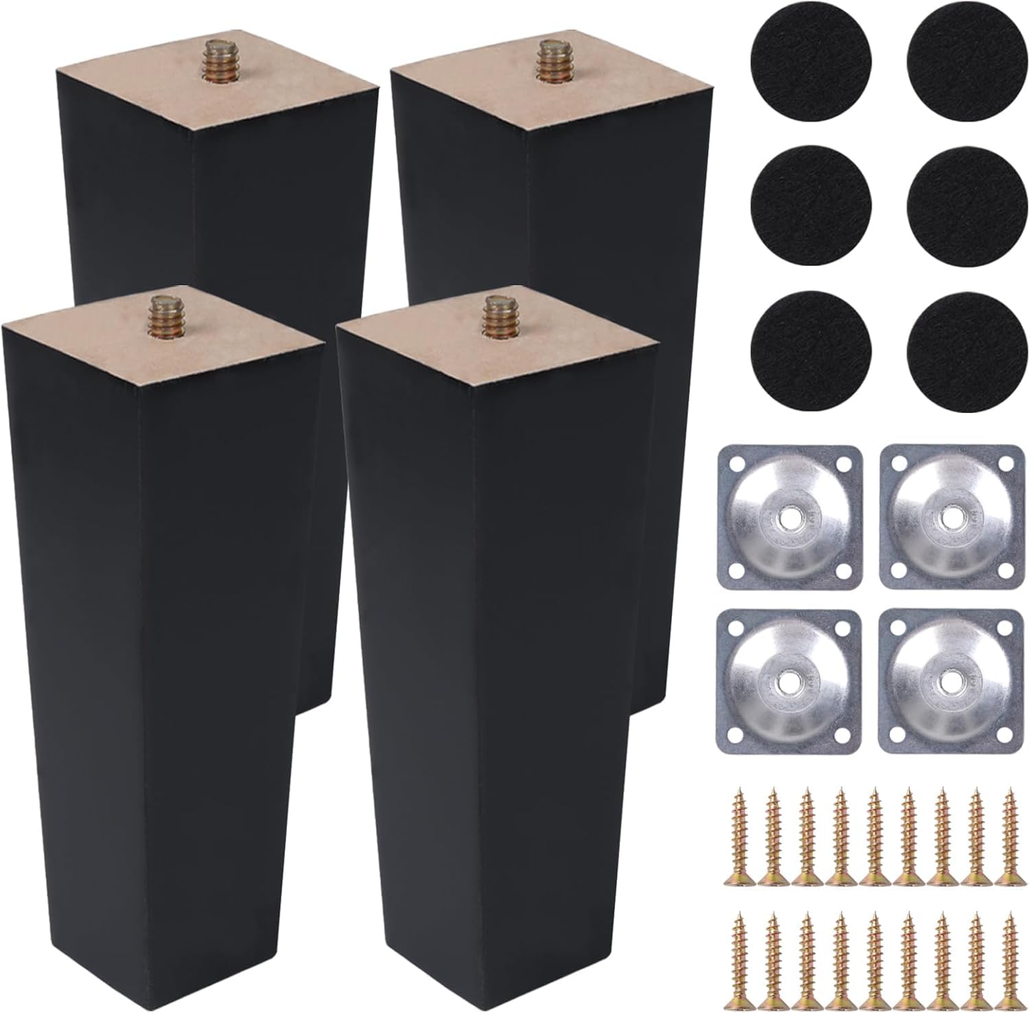 Zythrem 10 Inch Wooden Furniture Legs 25cm Sofa Legs Set of 4 High Sofa Feet Black Cabinet Legs Square Table Legs Wood Chair Legs Replacement Furniture Feet with Mounting Plates Screws Non-Slip Mats — image 1