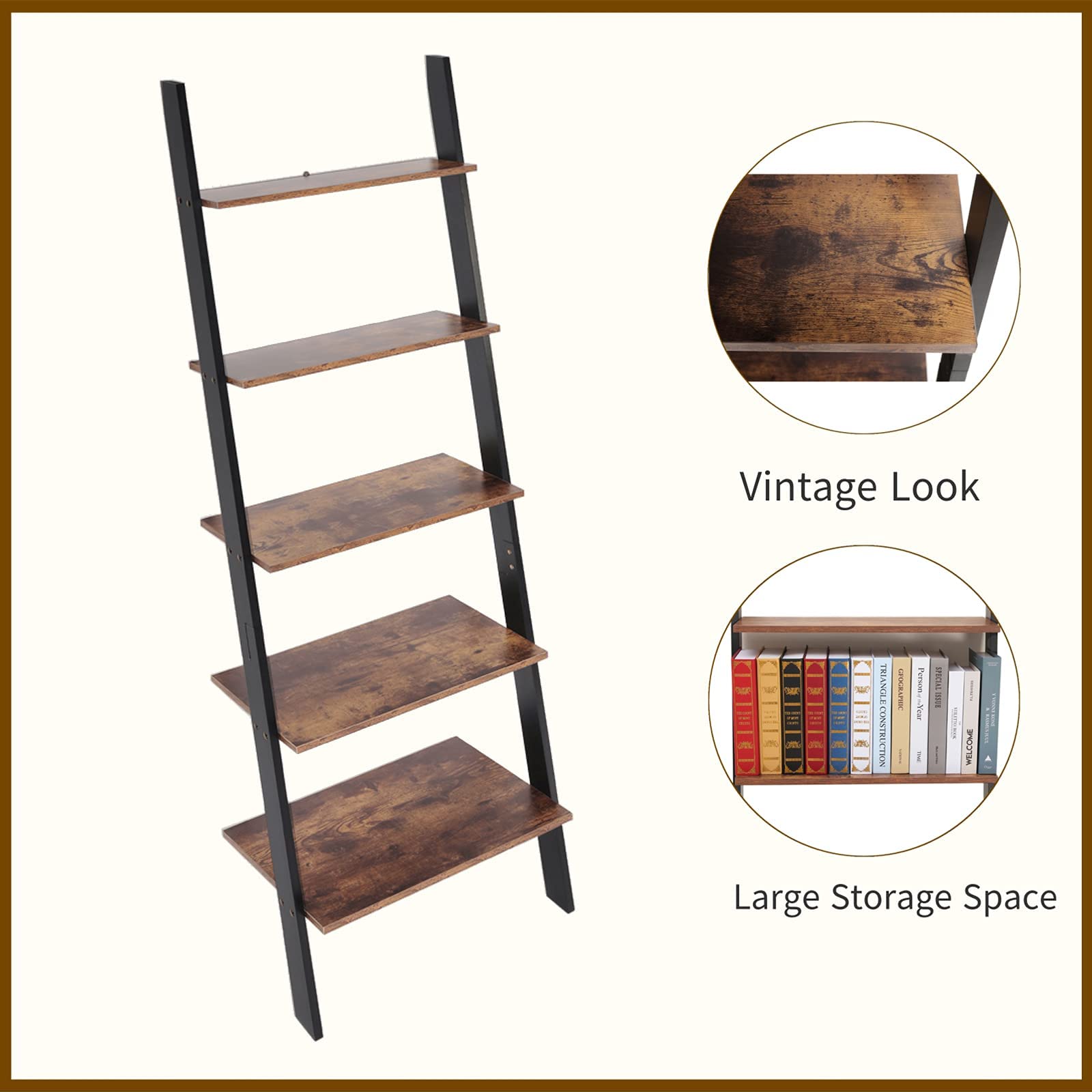 IWELL Ladder Shelf, 5Tier Leaning Bookshelf, Retro Storage Shelves
