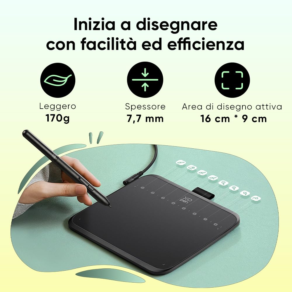 XPPen Deco 640 Tavoletta grafica, 16384 livelli di pressione, supporto inclinazione a 60°, 8 tasti, adatto per OSU, editing video, firma