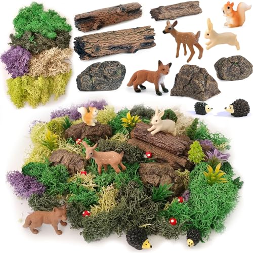 QuarenDen Fairy Garden Accessories, 28Pcs, Miniature Forest Kit, Tiny Resin Animal, Miniature Garden Figurines with Moss for DIY Craft, Desktop Decoration
