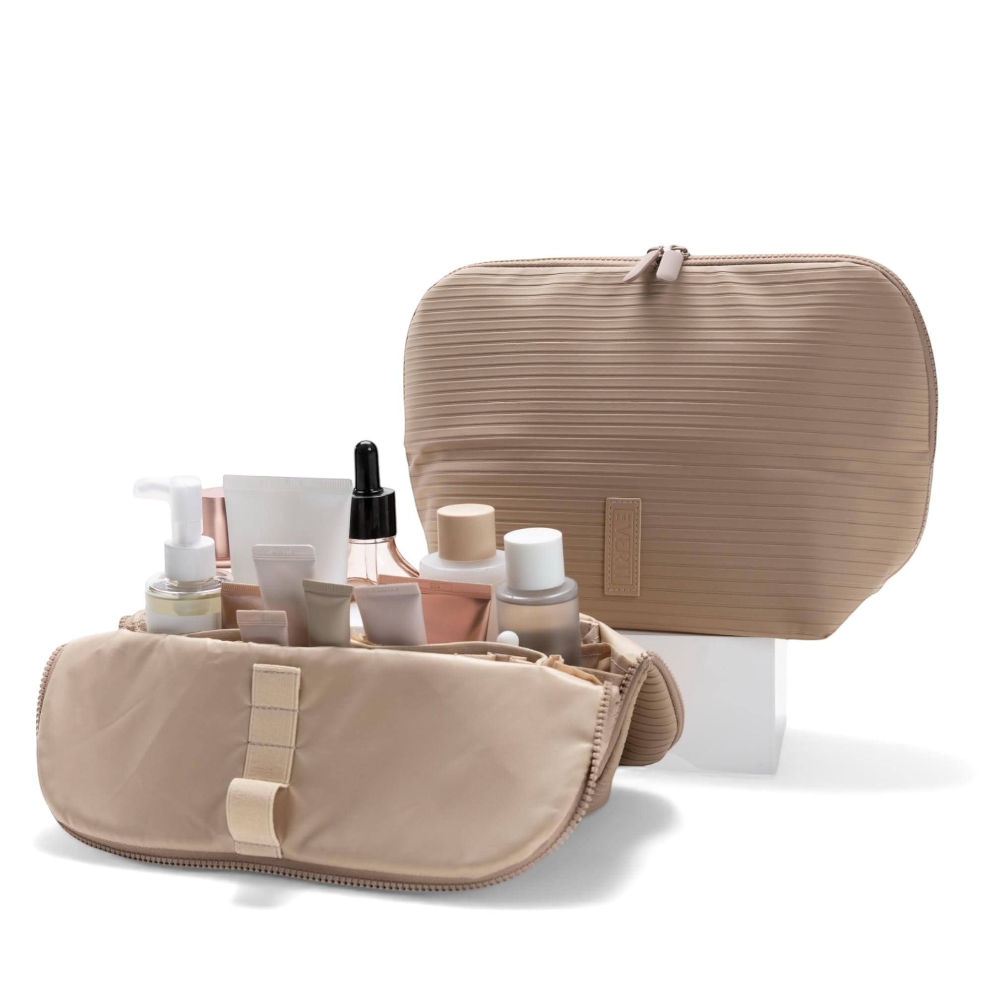 THE VERTI-Vertical Waterproof Makeup Toiletry Bag 23-Pocket Organizer with Upright Fold-Down Design for Skincare Toiletries Essentials Sandstone Medium