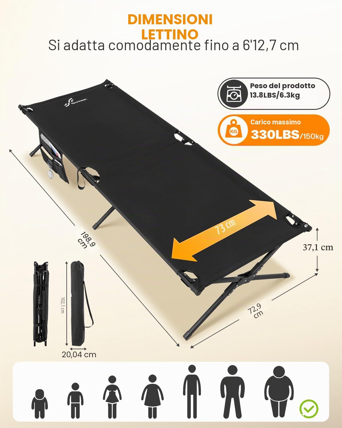 Sportneer Lettino da campeggio, lettino militare portatile per dormire, 198,9 x 72,9 x 37,1 cm, letto pieghevole resistente per adulti e adolescenti