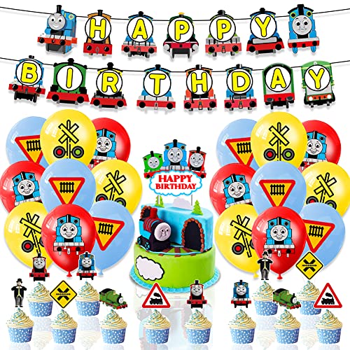 Hilloly Thomas Train Thème Fête d'anniversaire 32 Pièces Thomas Train Fournitures de Fête Set, Thomas Train Bannière de Joyeux Anniversaire Gâteau Topper Fête de Ballons pour Enfants Décorations Fête