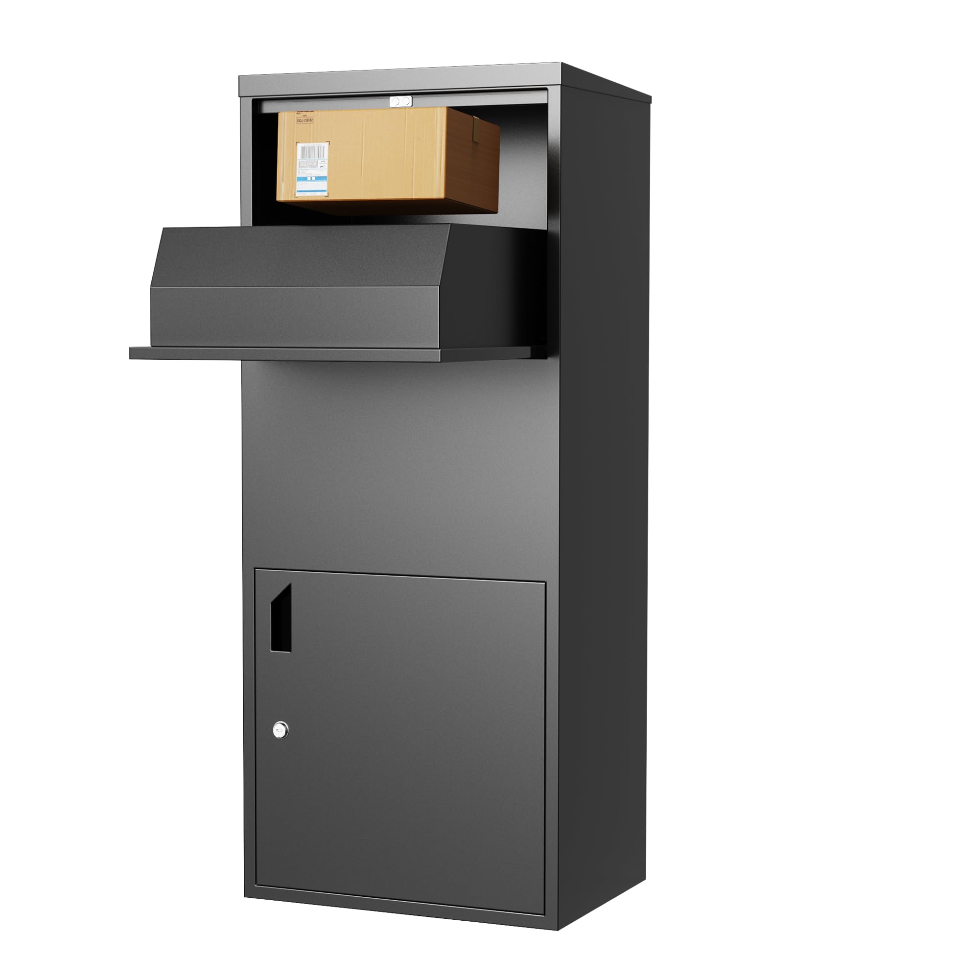 Merapi Pre-Assembled Package Delivery Box, No-Install Parcel Drop Box, Weatherproof Anti-Theft Steel Design (Cast Iron Black)
