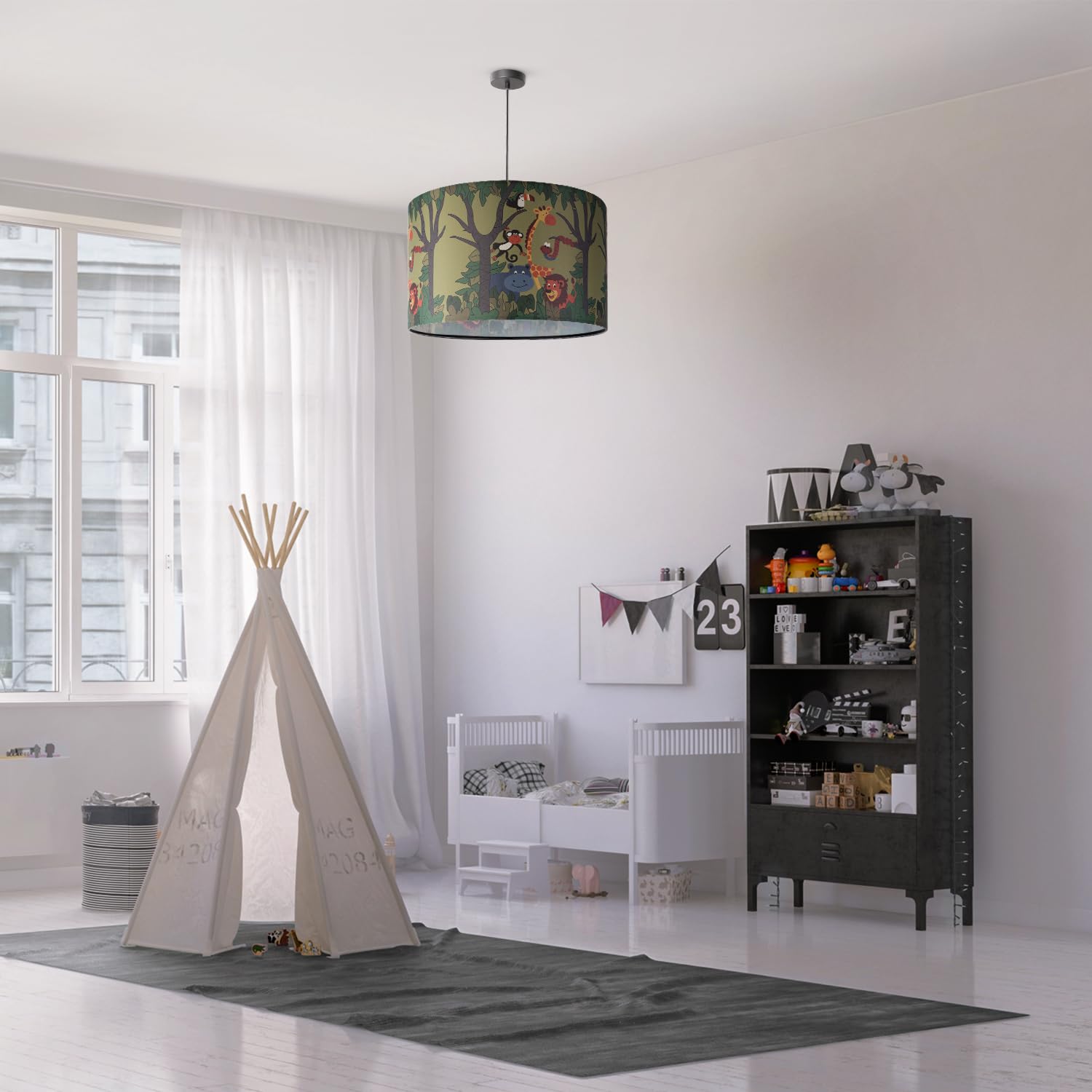 Paco Home Sospensione Cameretta Bambini Tessuto Rotonda Giungla Animali Maschio Femmina E27 Colorata