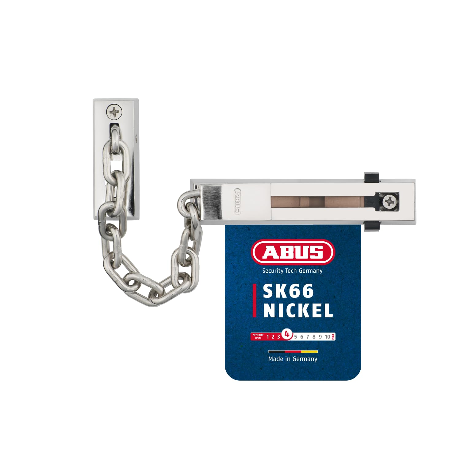 ABUS Cadena de seguridad SK66 para puerta de entrada y de vivienda - con seguro para niños - apta para puertas con apertura a izquierda y derecha - níquel