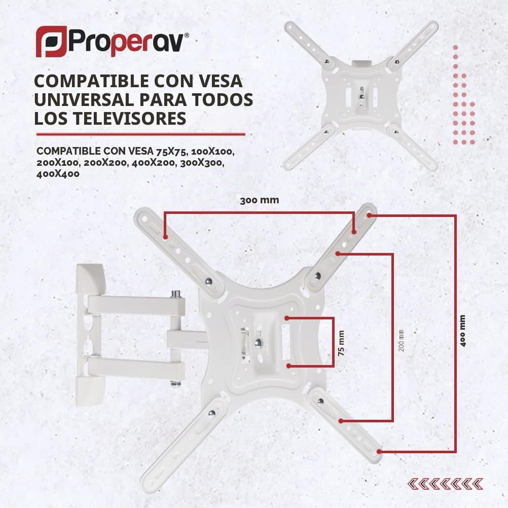 ProperAV Soporte de Pared Blanco para TV de 23 Pulgadas, 24 Pulgadas, 28 Pulgadas, 32 Pulgadas, 37 Pulgadas, 40 Pulgadas, 42 Pulgadas, 43 Pulgadas, 46 Pulgadas, 50 Pulgadas, 55 Pulgadas, inclinación